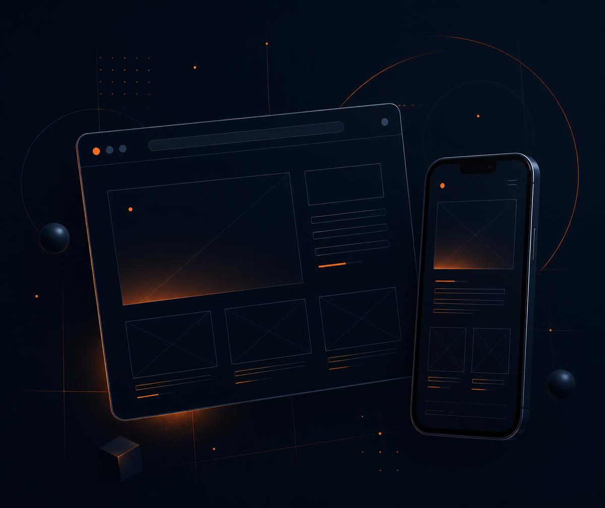 Representação abstrata de um site profissional em navegador e em celular